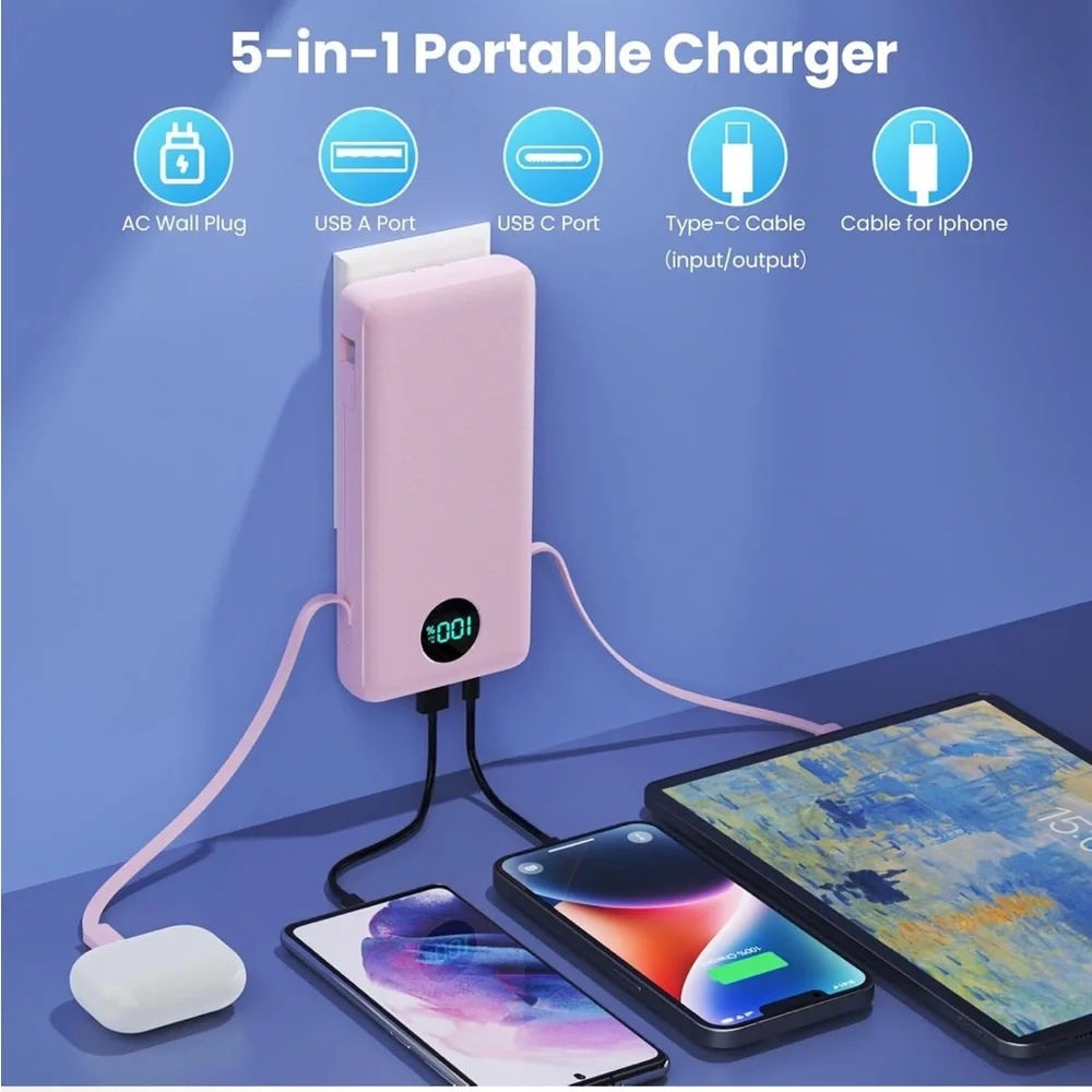 Pink Portable Power Bank with Digital Display